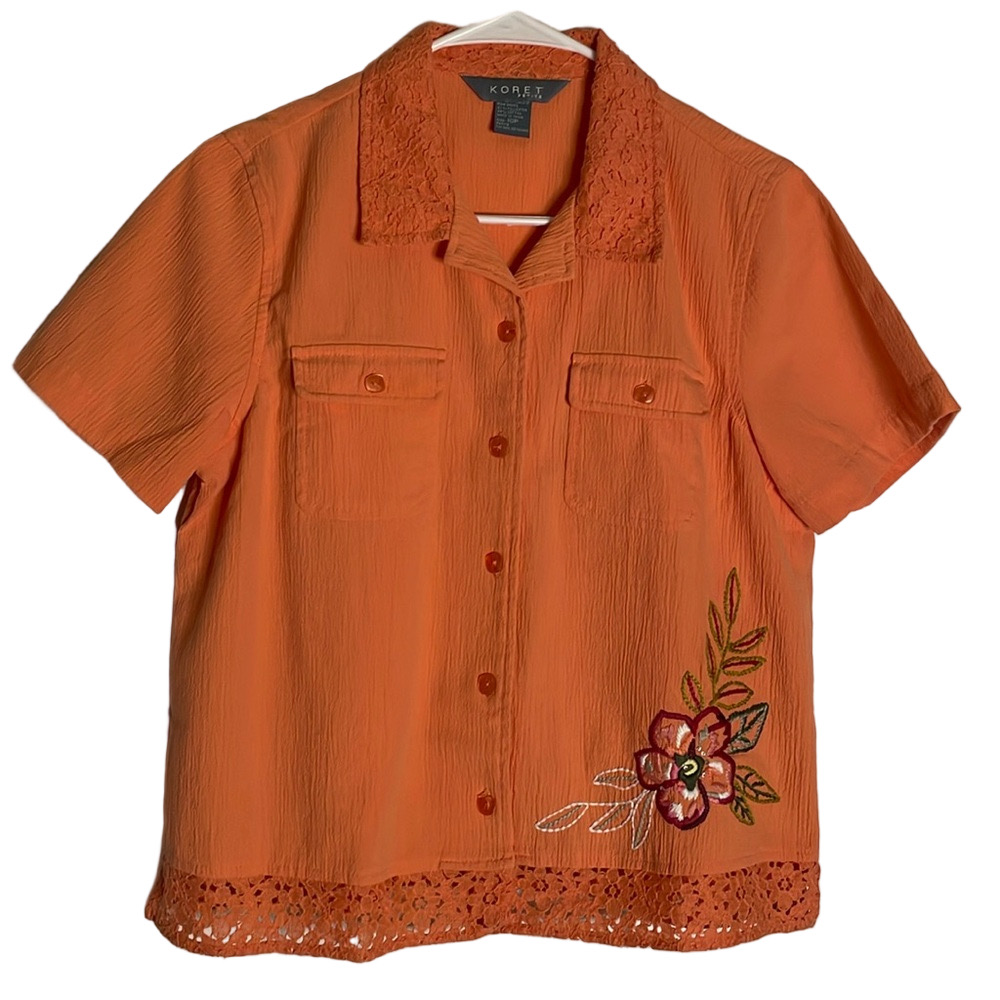 KORET Embroidered Button Down Blouse, Women’s 10P, Orange